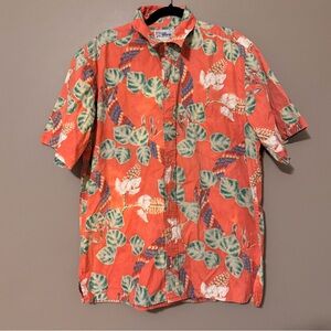 Reyn Spooner Hawaiian Tropical Floral Coral All Over Print Short Sleeve Men’s LG
